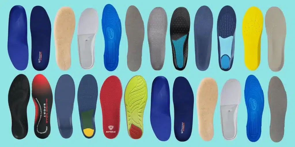 A variety of insoles, in different colors and sizes for pain relief and travel. Some have memory foam for extra comfort, some have arch support, and some are designed specifically for long-distance journeys. Regardless of your needs, there is an insole to help you!