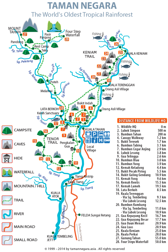 A map of the open trails of the Taman Negara