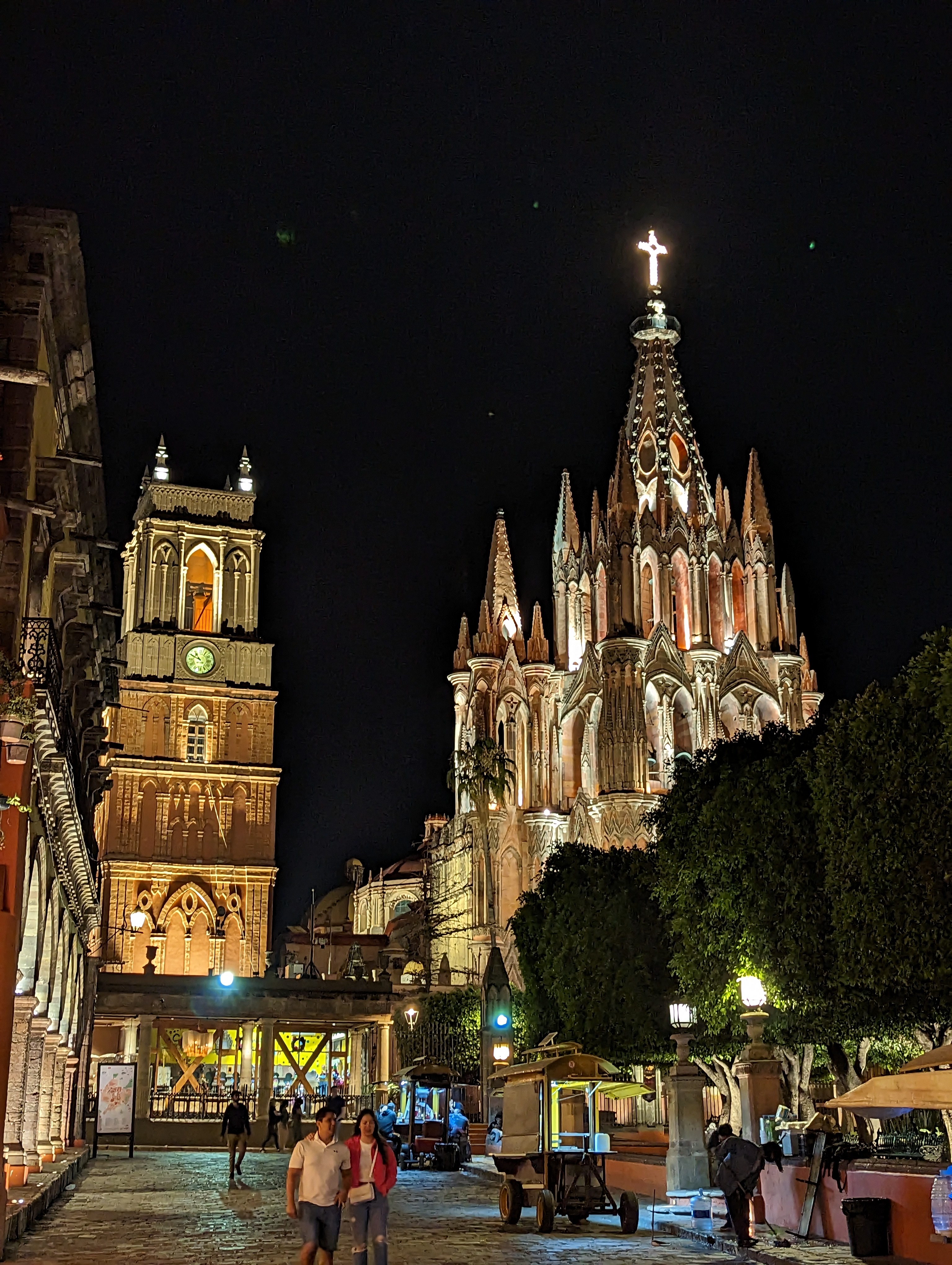 Night time Shot of the Jardín Allende and Parroquia of San Miguel de Allende walking in my Hoka Anacapas